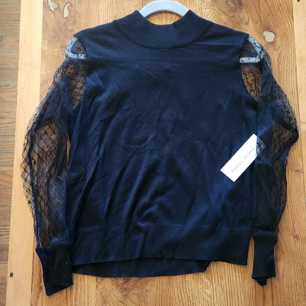 Madison & Hudson Sheer Sleeve Sweater - Black Large